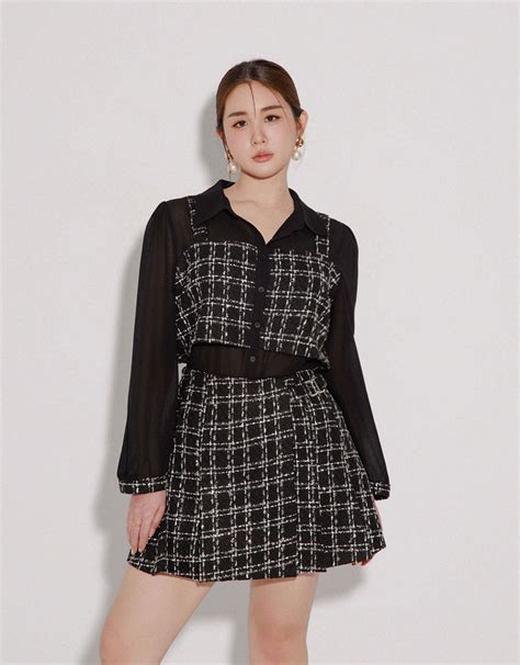 Tweed Style Checkered Panel Layered Button Front Shirt Blouse - AIR SPACE