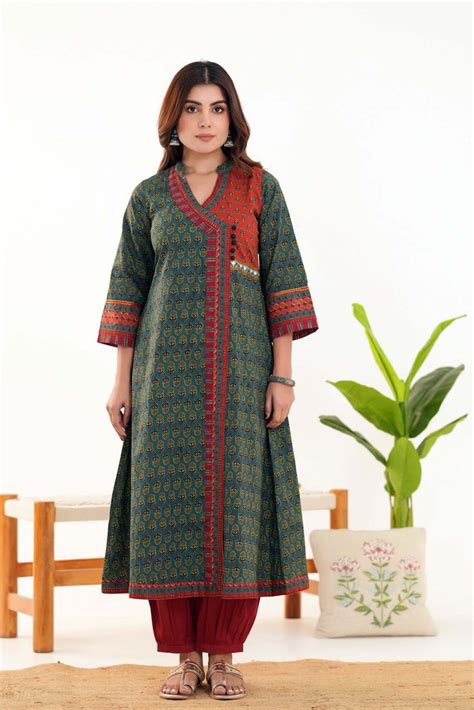 Long Length Angrakha Style Kurta In Deep Olive Green Color | Cotras