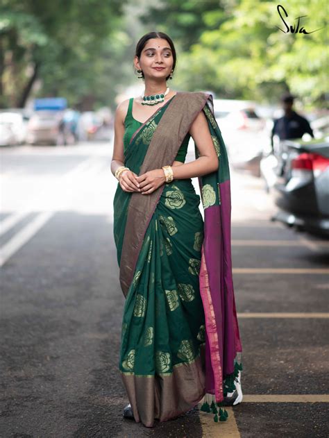 Floral Zari Lightweight Saree In Green Magenta|Her Phool|Suta
