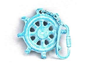Hampton Nautical Light Blue Whitewashed Cast Iron Ship Wheel Key Chain ...