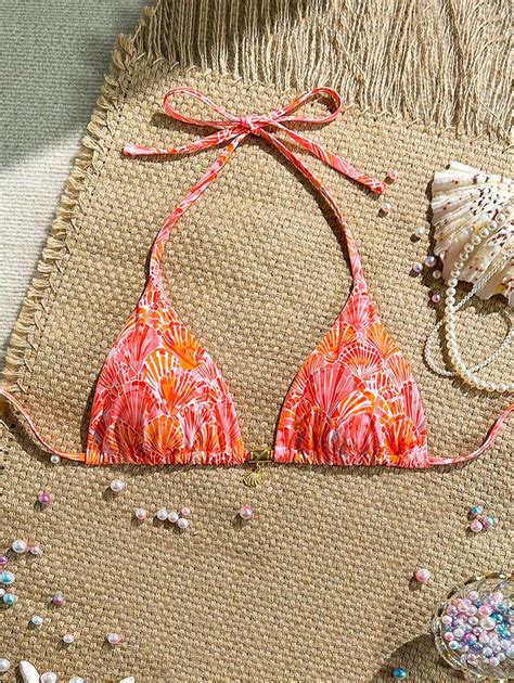 Swim Mod Summer Holiday Random Shell Print Golden Accessory Halter ...