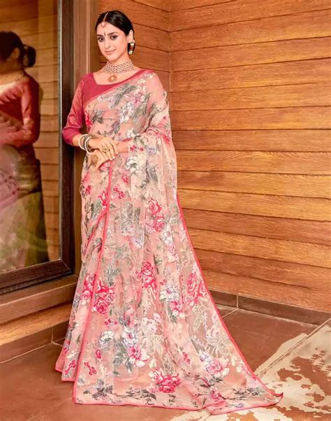 Peach Floral Print Tissue Saree – South India Shopping Mall