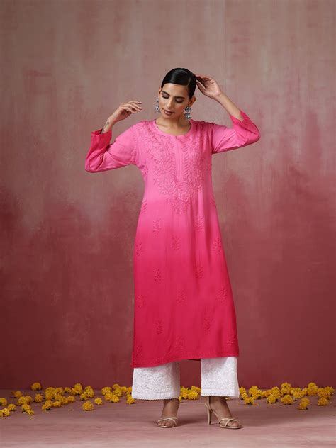 Nadia Pink Ombre Chikankari Straight Kurta for Women – Shopnamastay
