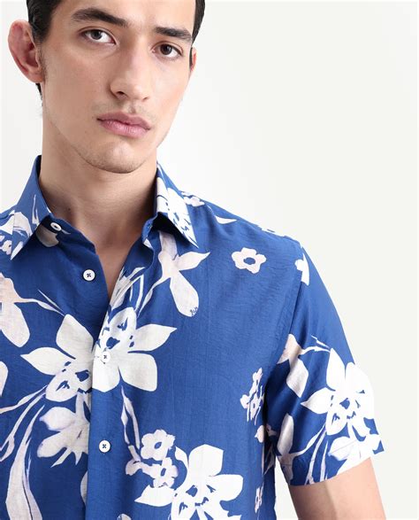 Rare Rabbit Men's Tyro Blue Viscose Blend Fabric Half Sleeve Spread Co