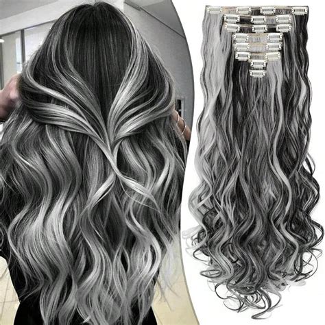 Clip In Hair Extensions 24 Inch 8PCS Natural Black Mix Silver Grey Long ...