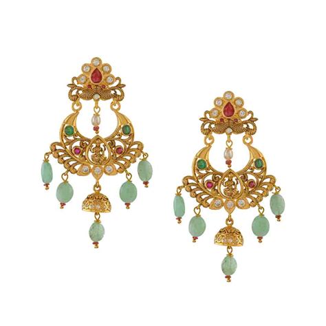 Buy 22K Gold Chandbali Earrings in Emerald Beads Online – Krishna ...