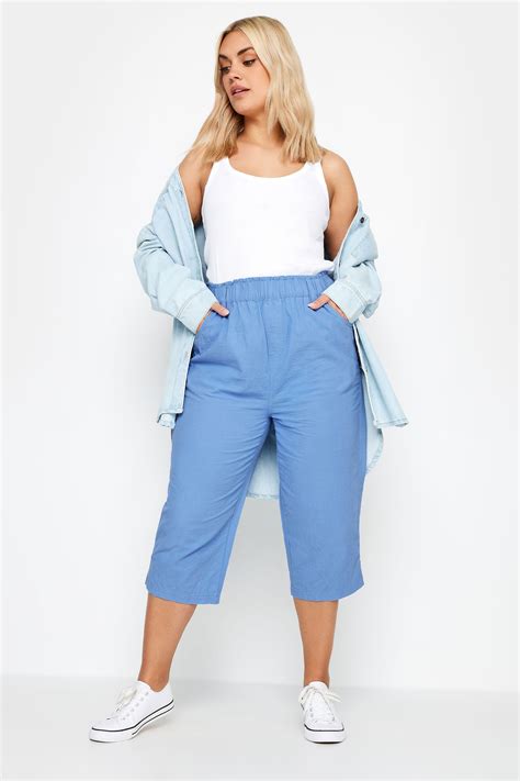 YOURS Plus Size Blue Elasticated Cool Cotton Cropped Trousers | Yours ...