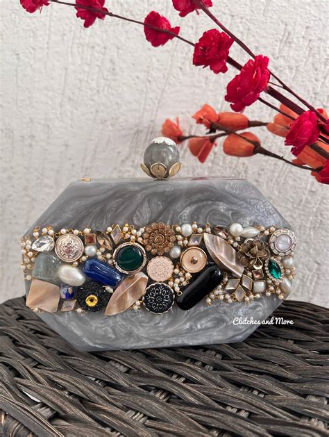 Sajda Embellished Resin Clutch Grey | Clutches and More