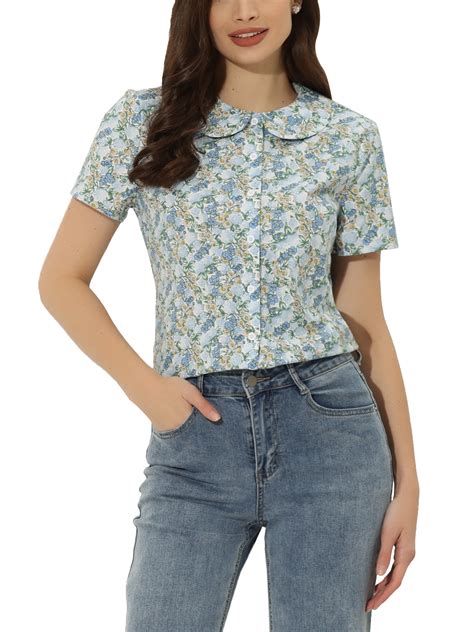 ATHLECHIC Women's Summer Peter Pan Collar Shirts Button Front Vintage Floral Blouse Top L Blue ...