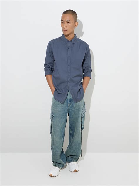 Buy Nuon Dusty Blue Solid Slim-Fit Cotton Shirt from Westside