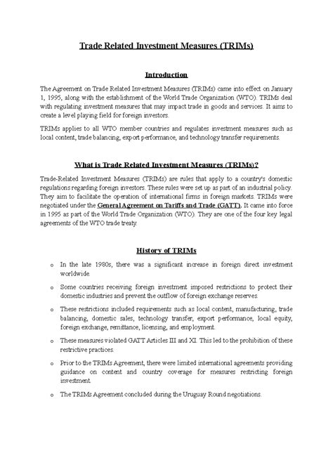WTO TRIMs Agreement Overview: Impacts & Key Features Analysis - Studocu