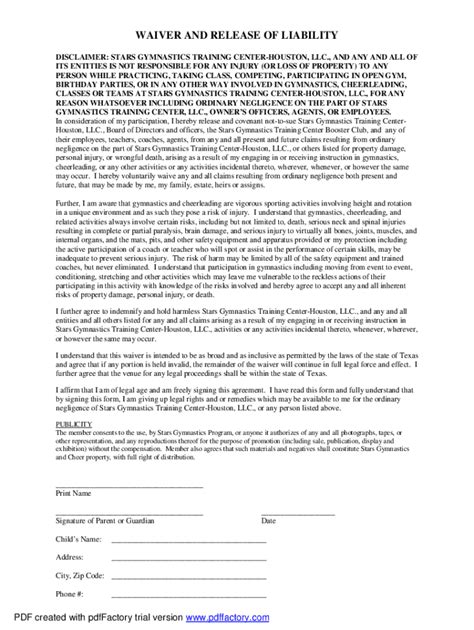 Fillable Online DISCLAIMER: STARS GYMNASTICS TRAINING CENTER-HOUSTON ...