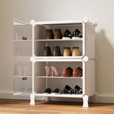 BOXJOY 4 Shelf White Shoe Rack with 2 Transparent Doors, Magnets and 5 ...
