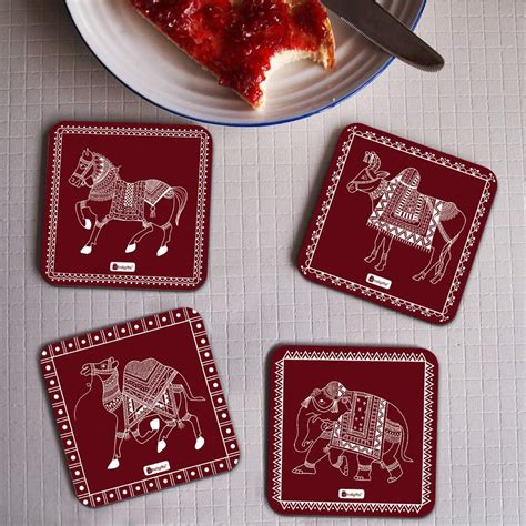 Indigifts Wooden Tea Coasters Set of 4 - Animal Print Indian Ethnic ...