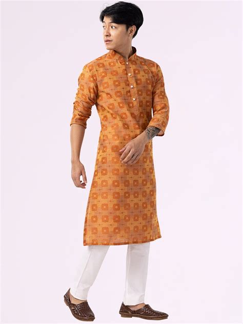 Warm Copper Printed Cotton Silk Blend Kurta for Men – The Kurta Company