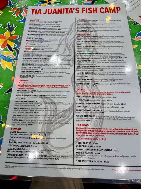 Menu at Tia Juanita’s Fish Camp restaurant, Orange