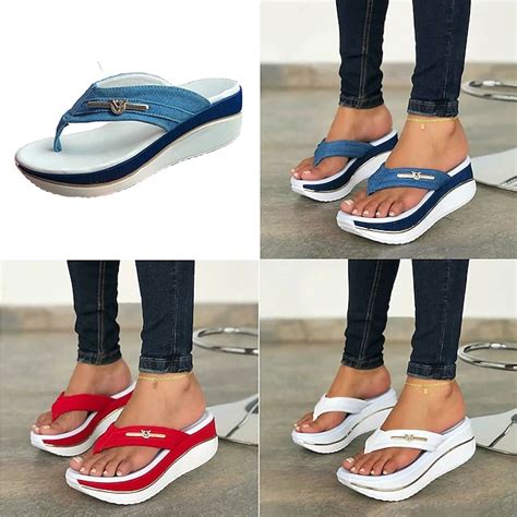 Women's Denim Wedge Flip-Flop Sandals – Stylish Casual Beachwear with ...