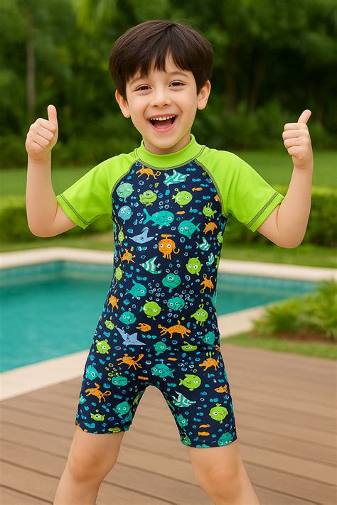 Bubble Berry Boys' Ocean Print One-Piece Swimsuit, Short Sleeve, Green
