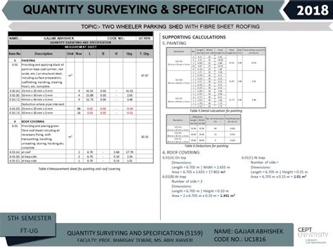 Quantity and rate analysis for a parking shed | CEPT - Portfolio