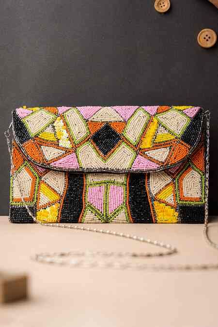 Buy Multi Color Embroidered Bead Flapover Rectangle Clutch by NR BY ...