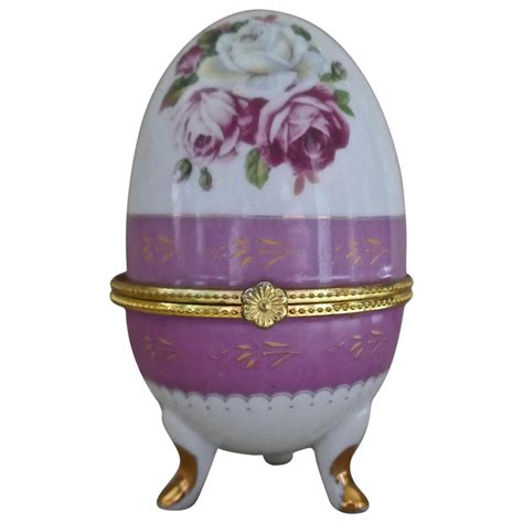 Vintage Rose Chintz Egg Shaped Ceramic Trinket Box with Hinged Lid For ...