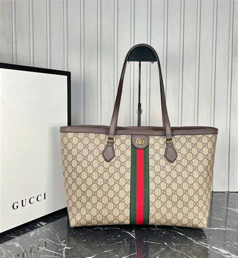 Gucci Kadin canta Ophidia GG Medium Tote Shopping Monogram Classic Kahve