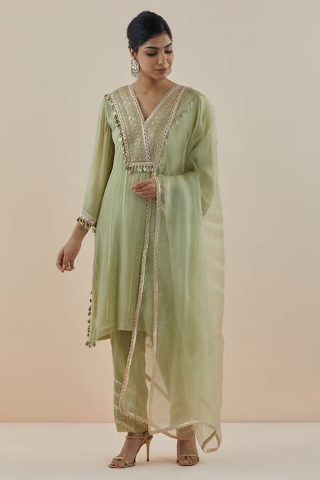 Buy Green Lurex Georgette Embroidered Shell V Neck Yoke Straight Kurta ...