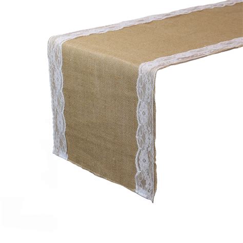 14 X 108 Inch Jute Burlap Table Runner with White Lace Edges