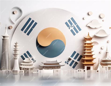 3D illustration showing various traditional elements of Korean culture on a white background ...
