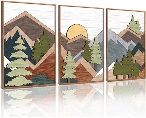 Amazon.com: CHDITB Mountain Framed Canvas Wall Art Set, Country Wood ...
