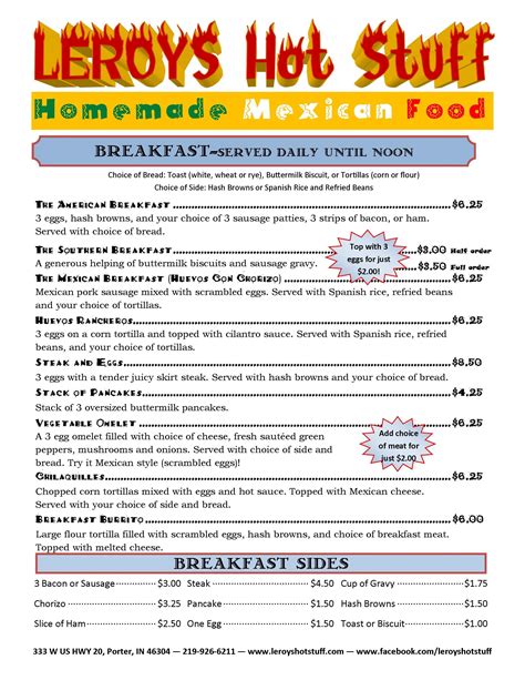 Menu at Leroy's Hot Stuff pub & bar, Porter