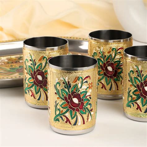 Glass Tray Set Steel Serving Set | Meenakari Glass Tray for Water