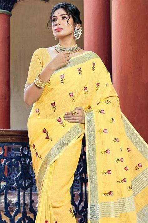 Buy Aureolin Yellow Linen Saree 34925 Online | Karagiri