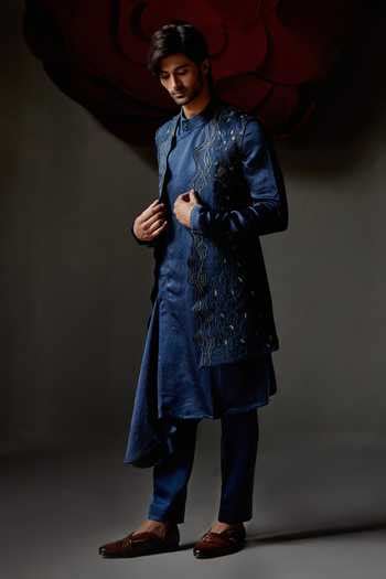 Buy Blue Linen, Silk Embroidery Thread And Zari Shrug Kurta Set For Men ...
