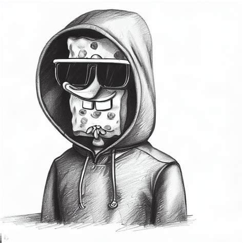 Spongebob as the unabomber's sketch, wearing sunglasses and a hoodie, realistic police sketch ...