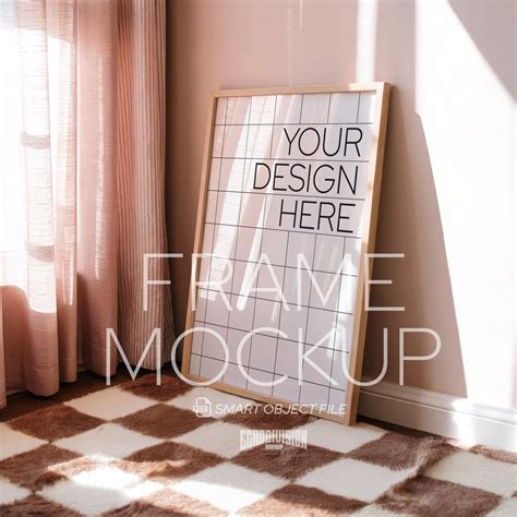 Cozy Floor Frame Mockup – Brown Checker Rug Art PSD – DIN A Artwork ...