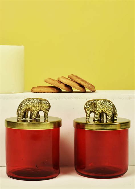 Get Red Glass Jars Set Of 2 With Metal Elephant Lid 5.5 Inches Tall at ...
