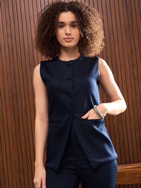 Buy Women Navy Sleeveless Bone Pocket Longline Top Online at Best Price ...