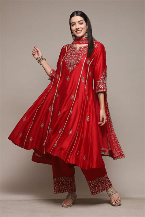 Red Cotton Silk Kalidar Kurta Palazzo Suit Set at Biba India