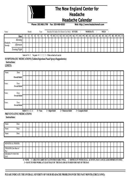 CT New England Center of Headache Calendar Form - Fill Online ...