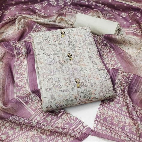 Cream Floral Printed Linen Dress Material