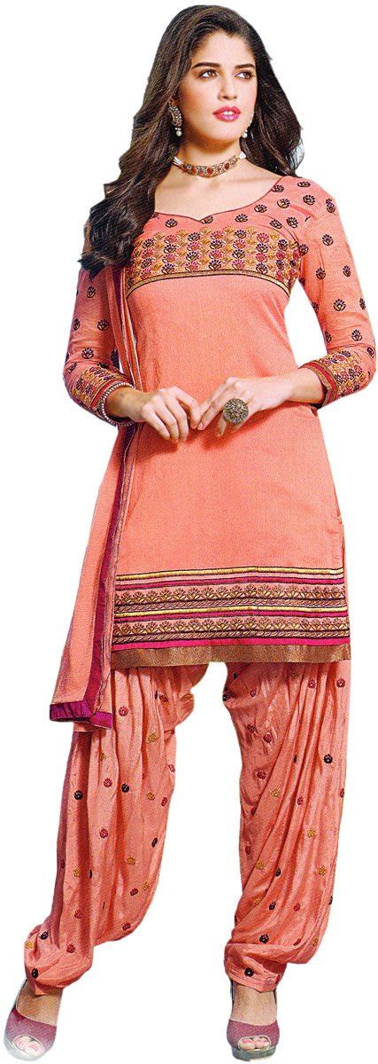 Buy Exotic India Peach-Bud Patiala Salwar Kameez Suit with Embroidered ...