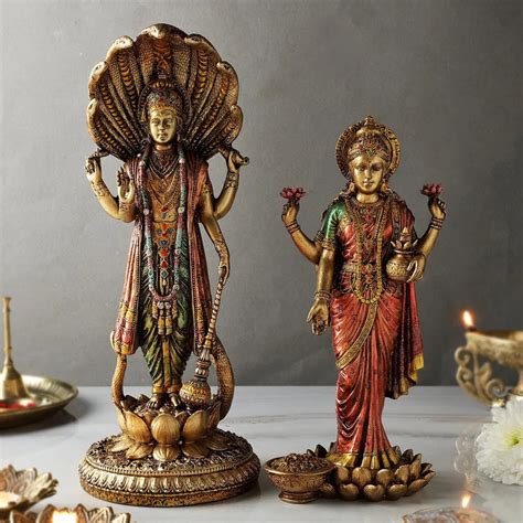 Lord Vishnu & Maa Lakshmi Idol Pair | Standing Murti Set with Antique/