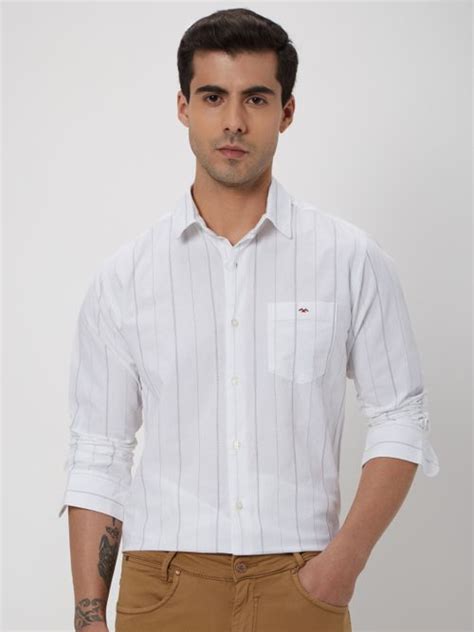 Buy Off White Printed Stripe Slim Fit Casual Shirt Online at Muftijeans