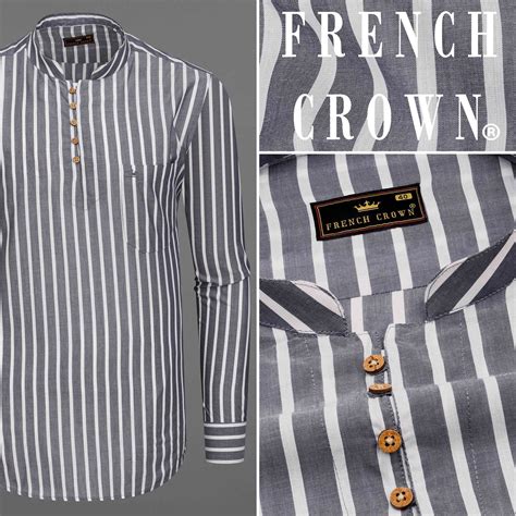 Cloudy Gray Stripes Premium Cotton Indian Kurta Style Shirt For Men ...