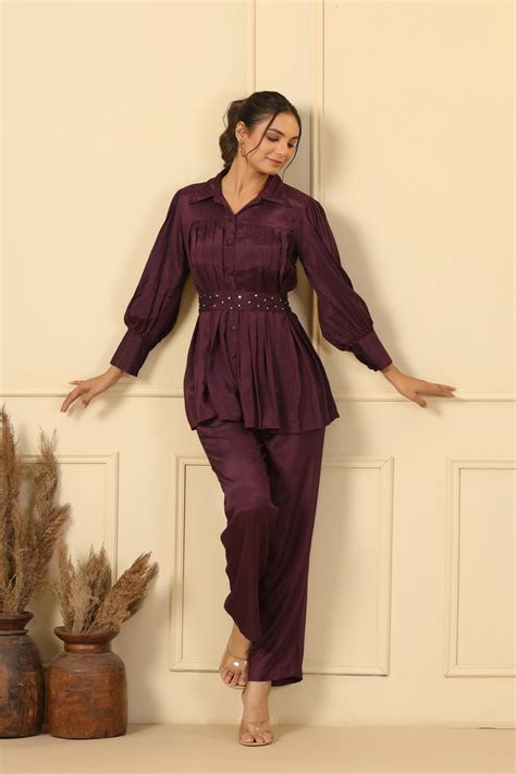 WINE EMBELLISHED PLEATED CO-ORD SET – Mirari