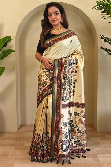 Oasis Beige Kalamkari Digital Printed Pure Dola Viscos saree – Armima
