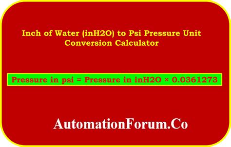 Inch of Water (inH2O) to Psi Pressure Unit Conversion Calculator