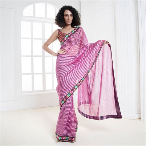 Buy Now! Purple Striped Organza with Persian Thread Embroidered Border ...