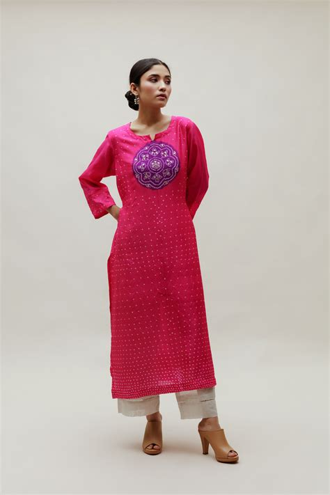 Bandhani Kurta on Pure Silk - Circle Yoke Purple Rani – Naina Jain
